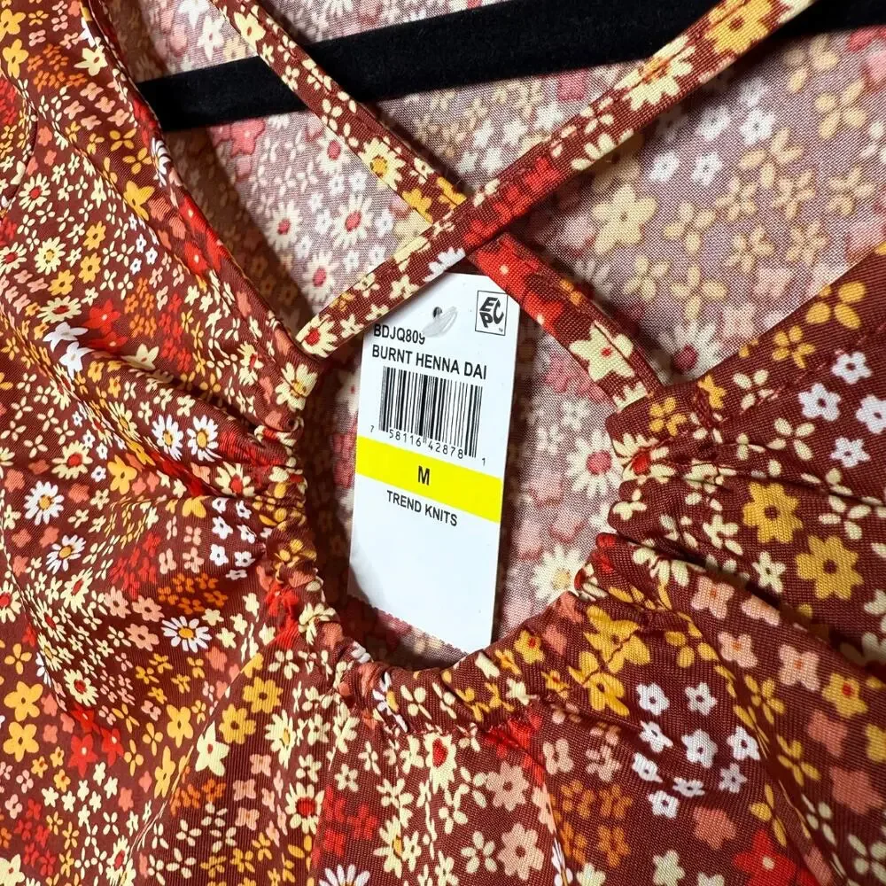 Planet Gold Floral Long Sleeve Criss Cross Crop Top Burnt Henna Medium Bohemian